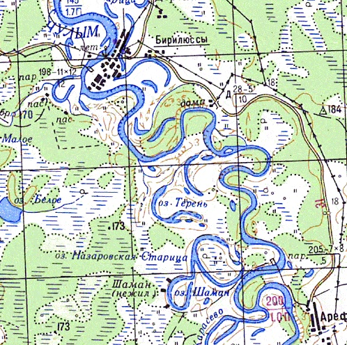 2-км карта: реки Чулым и Кемчуг, 
Бирилюссы, Промбор, Исакова, Шпагино, Маталассы, Новобирилюссы, Берёзовка, Ишимка